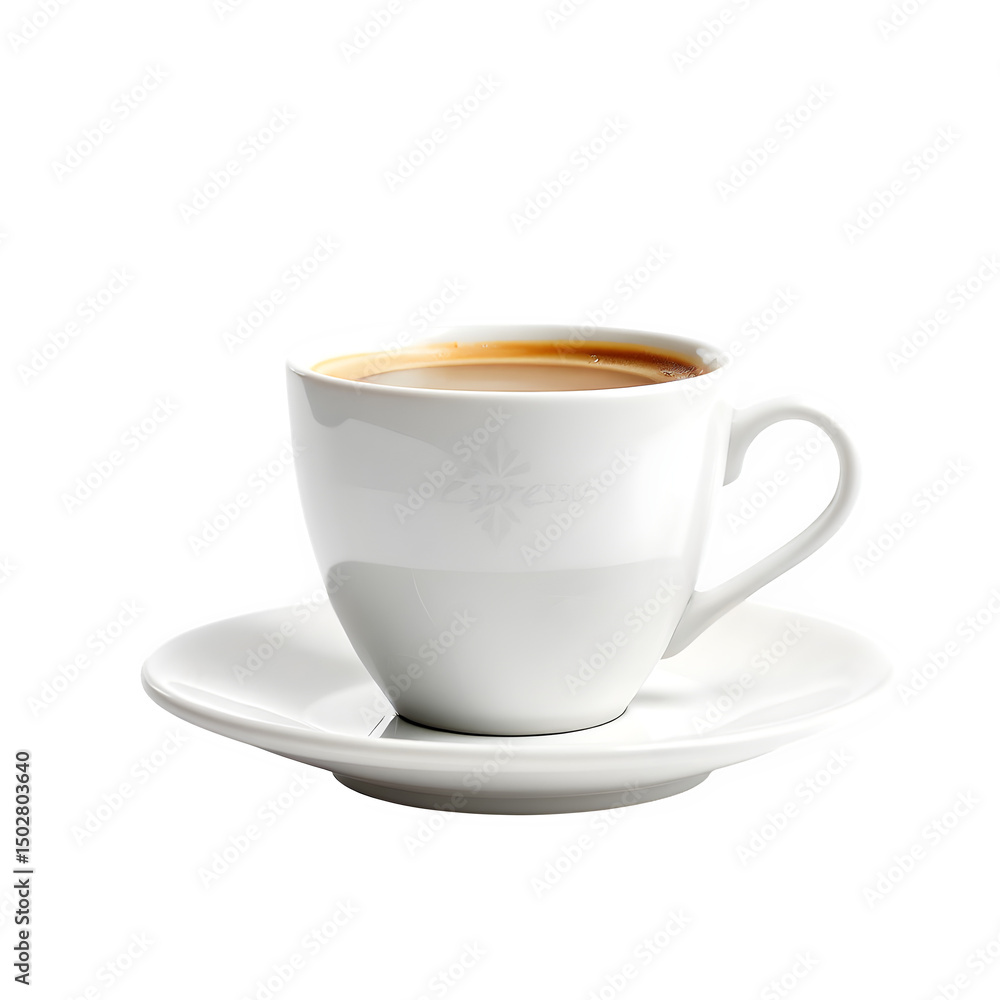 Obraz premium A white ceramic cup filled with a beverage sitting on a matching saucer on a black background studio shot