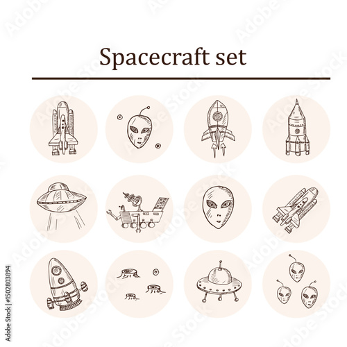 Spacecraft hand drawn doodle set. Isolated elements on white background. Symbol collection.
