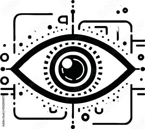 Flat vector icon of a futuristic eye scanning digital data, retina, biometric theme, minimal design, white background
