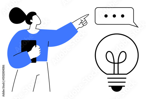 Woman holding tablet, pointing at light bulb and speech bubble with dots. Ideal for creativity, brainstorming, communication, innovation, teamwork, leadership problem-solving. Flat simple metaphor