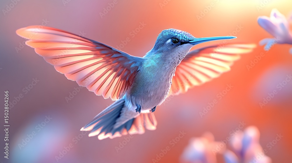 Obraz premium Hummingbird Hovering In Flight Among Flowers High Resolution Photo