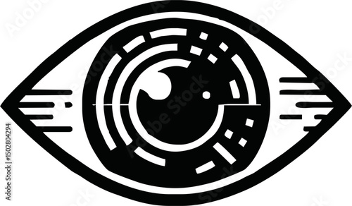 Flat vector icon of a futuristic eye scanning digital data, retina, biometric theme, minimal design, white background