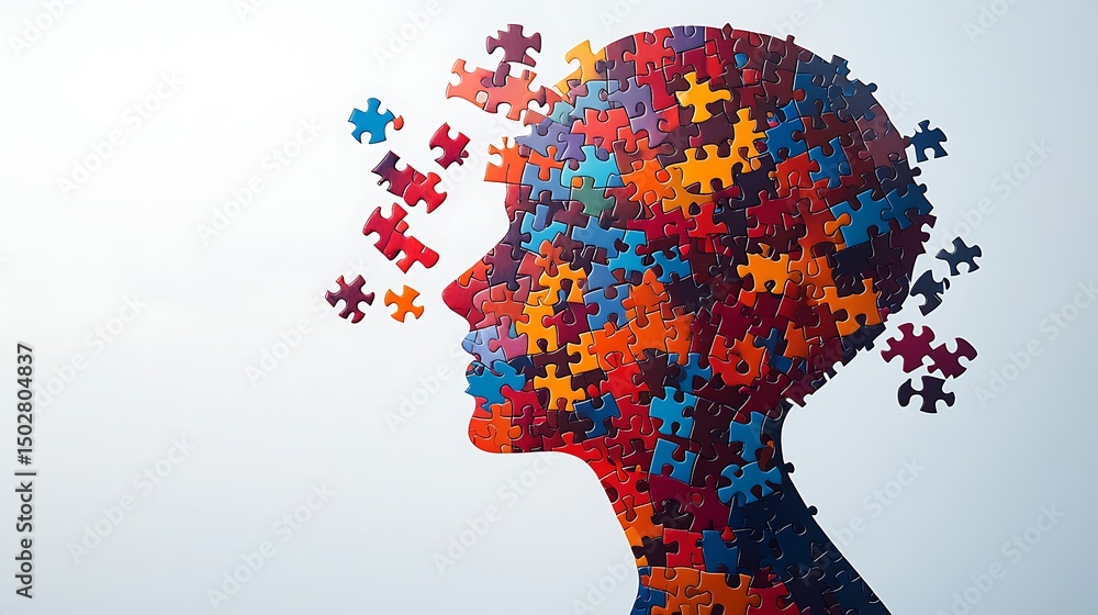 Colorful human head made of puzzle pieces with missing parts on light background, symbolizing mental health, thinking, and brain complexity Colorful human head made of puzzle pieces with missing parts on light background, symbolizing mental health, thinking, and brain complexity