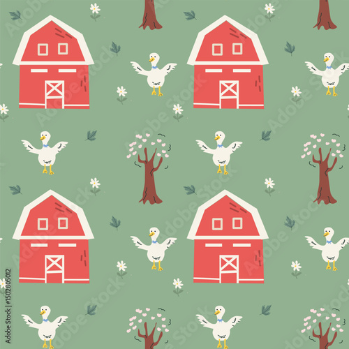 Charming farmyard pattern with rustic barns and ducks for cottage decor design.