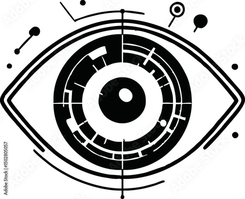 Flat vector icon of a futuristic eye scanning digital data, retina, biometric theme, minimal design, white background