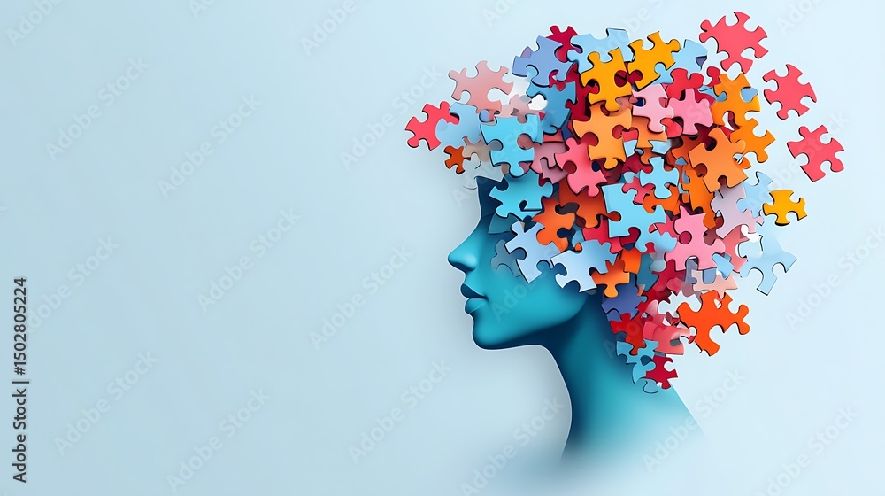 Fototapeta premium Creative illustration of a blue human head silhouette with colorful puzzle pieces flying out, symbolizing mental health, mind, and problem-solving on light background