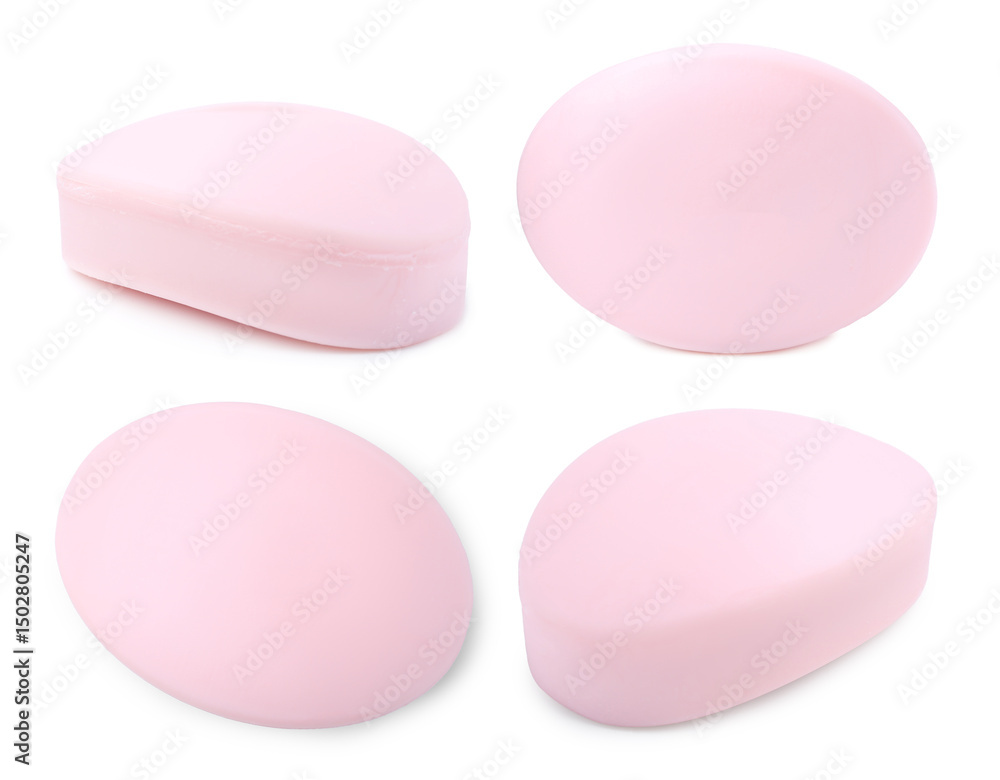 Fototapeta premium Pink soap bar on white background, collage. Top and side view
