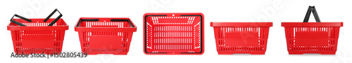 Valokuva Red shopping basket on white background, set