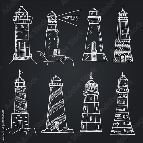 Wallpaper Mural Lighthouse hand drawn doodle set. Vector illustration. Isolated elements on white background. Symbol collection. Torontodigital.ca
