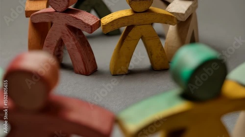 Close-up of diverse wooden figure toys representing teamwork, friendship, and connection.