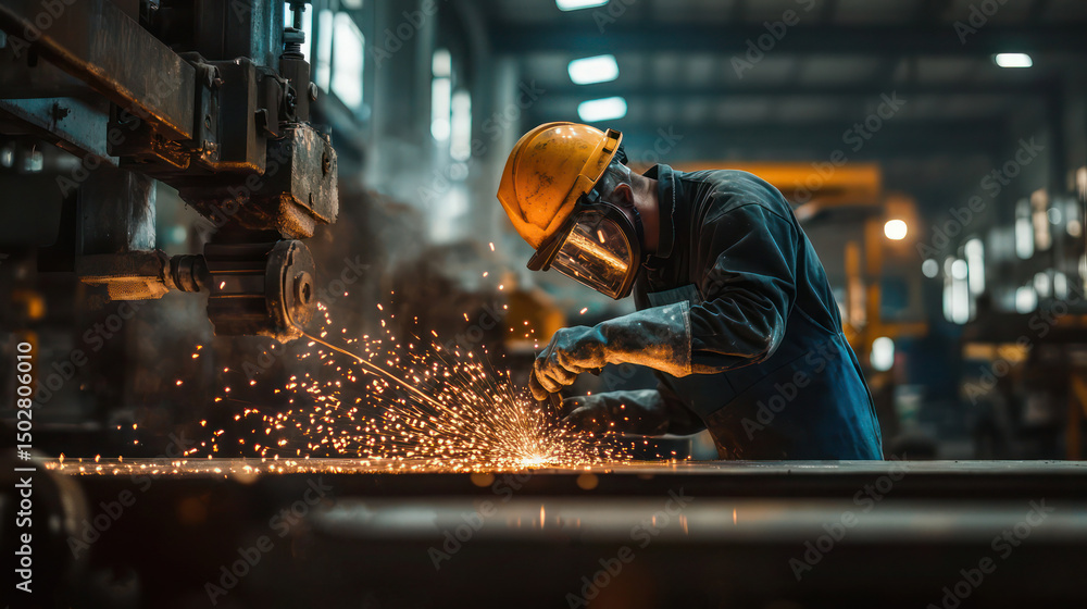 Welder at work on the factory welding metal items industrial scene Welder at work on the factory welding metal items industrial scene