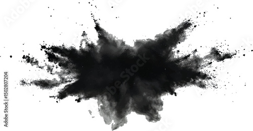 Black flying explosion on a white transparent background. Abstract powder splatted background. Black powder explosion on transparent background