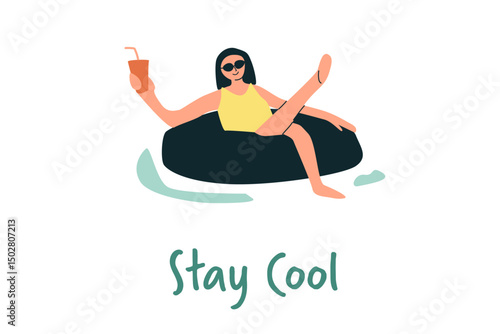 Woman relaxing on pool float with drink, staying cool, summer vibes.