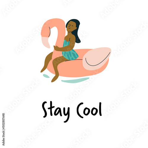 African female child relaxing on inflatable pool float enjoying summer.