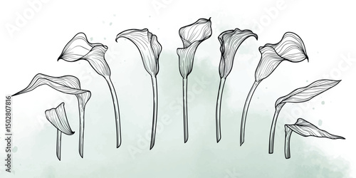 Abstract floral background with black calla lily flowers and leaves. Hand drawn light green watercolor frame, border. Vector design of card, banner, invitation, advertising and packaging