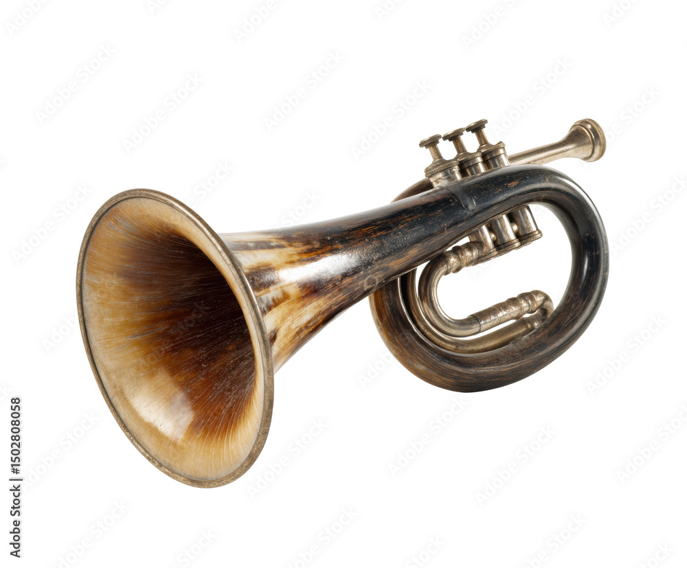 Obraz premium Vintage brass trumpet showcasing intricate craftsmanship and elegance on a transparent background, cut out