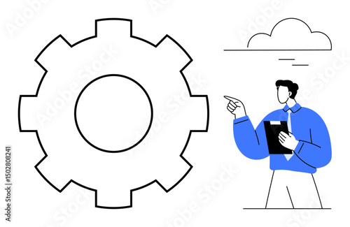 Man holding clipboard pointing at oversized cogwheel, symbolizing synergy and progress. Ideal for teamwork, innovation, leadership, problem-solving, strategy, planning, workflow processes flat