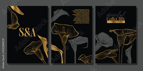 Luxury black and gold wedding A4 vector card and invitation templates. Hand drawn calla lily flowers decorating these elegant print and online graphic assets