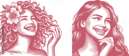 pink Woodcut Style Illustration of Smiling Woman with Floral Curly Hair and Braces, Engraving-Inspired Black and White Line Art, Retro Beauty Design for Print and Decor