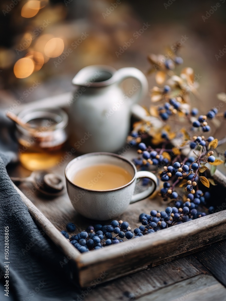 Fototapeta premium Cozy tea setup with honey, berries, and a rustic background, perfect for autumn vibes
