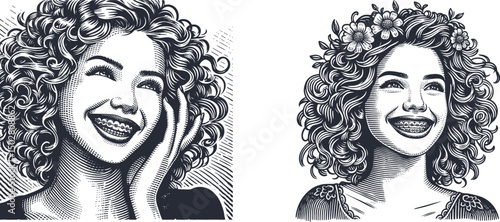 Engraving Style Woman Portrait with Floral Curly Hair and Braces – Smiling Girl in Vintage Woodcut Design, Retro Etching Line Art Illustration for Print and Decoration