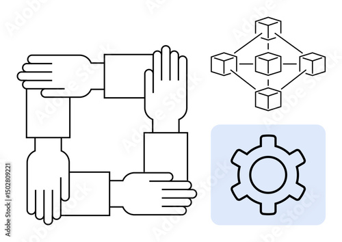 Four interconnected hands symbolizing teamwork, a blockchain network diagram, and a gear representing system processes. Ideal for teamwork, collaboration, innovation, blockchain, process efficiency