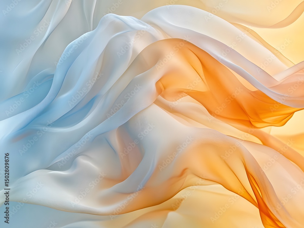 Obraz premium Flowing Silk Fabric: A close-up shot of luxurious silk fabric in shades of blue and orange, showcasing its soft texture and gentle folds. The image conveys a sense of elegance and sophistication.
