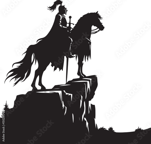 Knight on horseback on the rock silhouette image vector