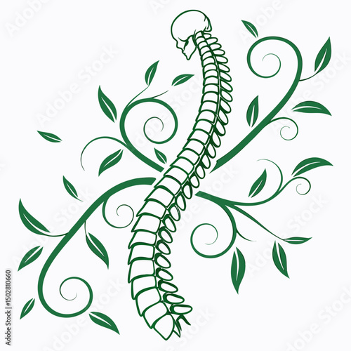 Line art icon of a spine intertwined with vines, symbolizing health and support