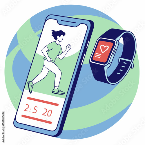 Line art icon of a smartphone displaying a fitness app with a running tracker and a smartwatch

