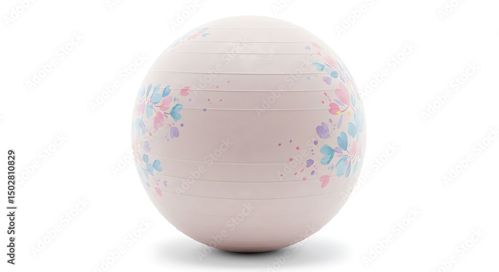 A closeup of a maternity yoga ball detailed with soft pink color and flower texture, centered on a clean white background, modern and minimal, A closeup of a maternity yoga ball detailed with soft pink color and flower texture, centered on a clean white background, modern and minimal,