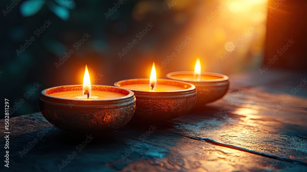 Tranquil evening scene featuring three beautifully crafted candles casting warm, flickering light in a serene setting Tranquil evening scene featuring three beautifully crafted candles casting warm, flickering light in a serene setting