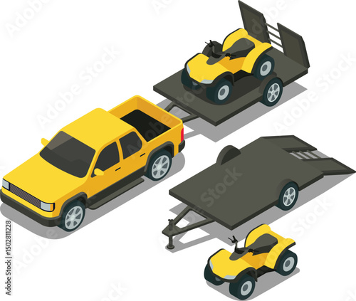  Isometric truck towing trailer with ATV