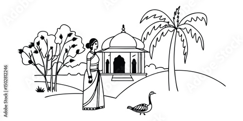 A traditional Indian-style painting set in a lush, tropical garden landscape.