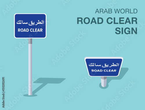 Traffic regulation rules. Isolated Arab world "road clear" road sign. Front and top view. Flat vector illustration template.