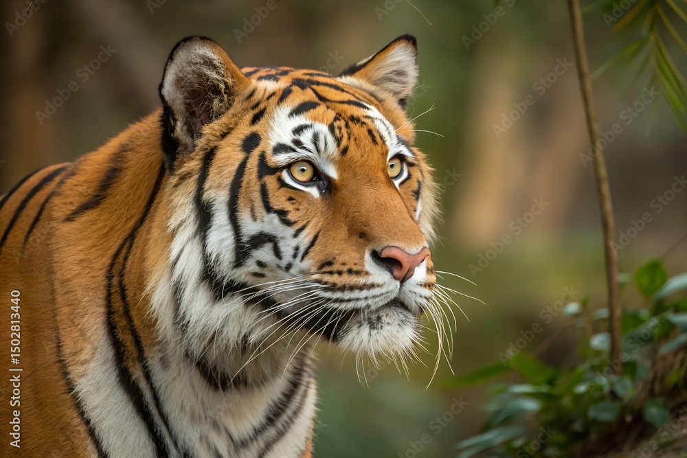 Fototapeta premium Majestic tiger close-up: Beautiful wild feline with orange fur & black stripes gazes intently in its lush jungle habitat. Wildlife photography. generative ai
