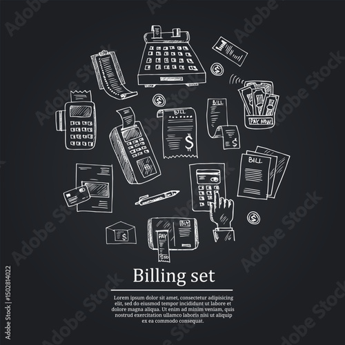Billing hand drawn doodle set. Vector illustration. Isolated elements on white background. Symbol collection.