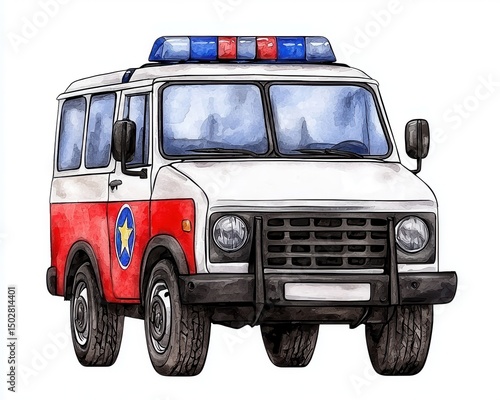 Watercolor Style Emergency Vehicle With White Body Red Side and Blue Lights
