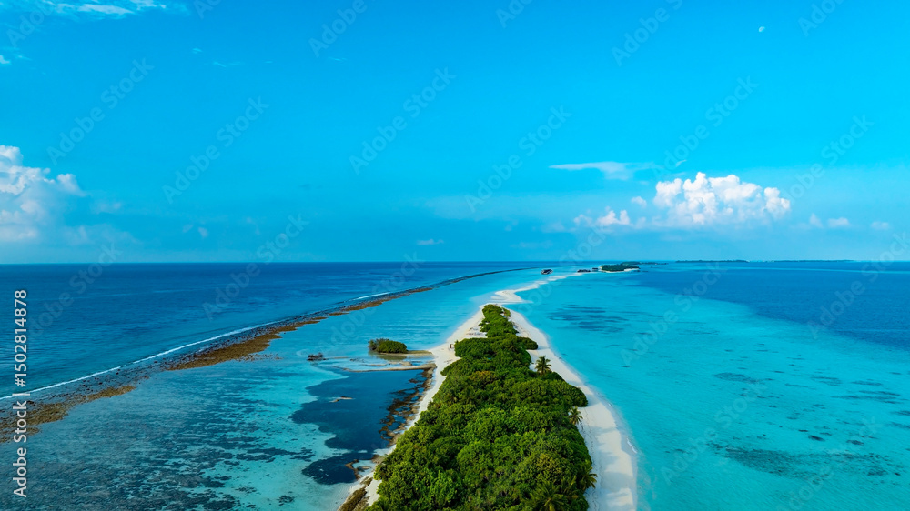 Obraz premium The aerial view in the island with white sand beach as coastline in summer Maldives