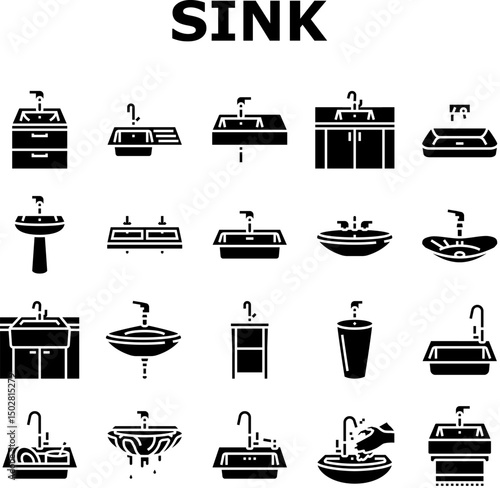sink porcelain drain faucet icons set vector