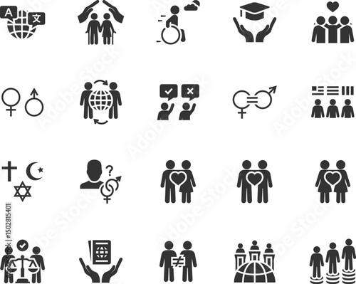 Vector set of diversity flat icons. Contains icons tolerance, gender equality, religion, language, human rights, multicultural, nationality, gender identity, inequality and more. Pixel perfect.