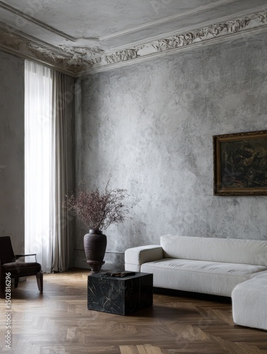 Modern living room with textured walls and herringbone flooring.