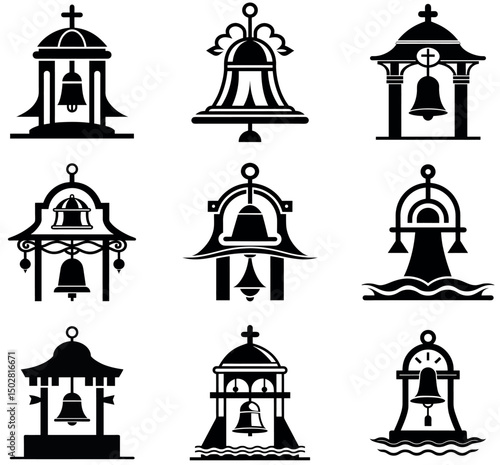 Church Bell Icons Collection - Religious Bell Tower Symbols in Black and White