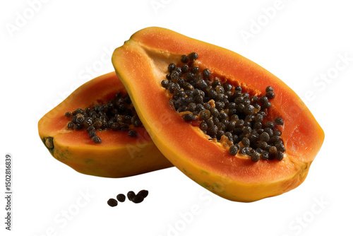 Ripe Papaya Halves with Seeds on Transparent Background