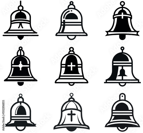 Church Bell Icons Collection - Religious Bell Tower Symbols in Black and White