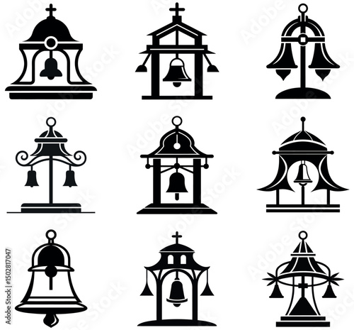 Church Bell Icons Collection - Religious Bell Tower Symbols in Black and White