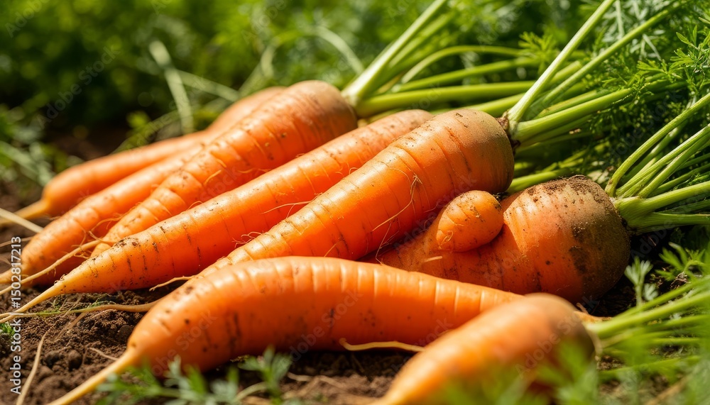 A vibrant display of freshly harvested carrots resting on rich soil, showcasing their vivid orange color and green tops in detailed 3D, 4K quality. A vibrant display of freshly harvested carrots resting on rich soil, showcasing their vivid orange color and green tops in detailed 3D, 4K quality.