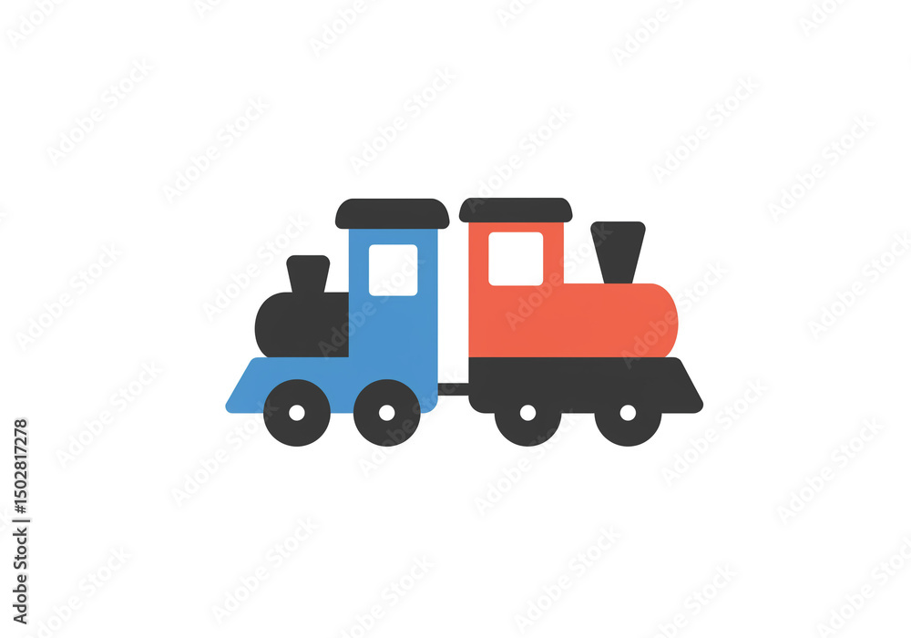 A simple illustration of a toy train with a blue and red engine on a plain white background design style A simple illustration of a toy train with a blue and red engine on a plain white background design style