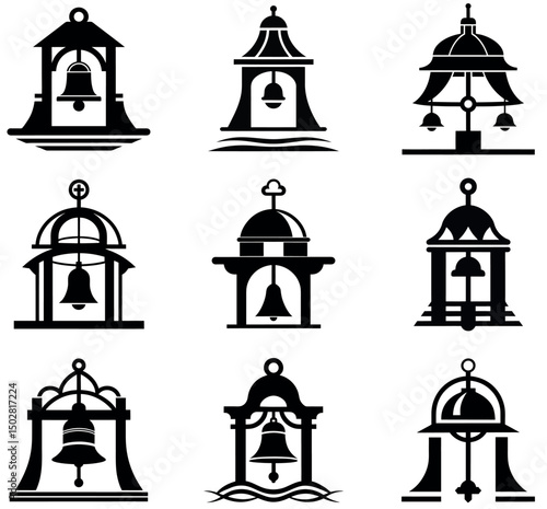 Church Bell Icons Collection - Religious Bell Tower Symbols in Black and White