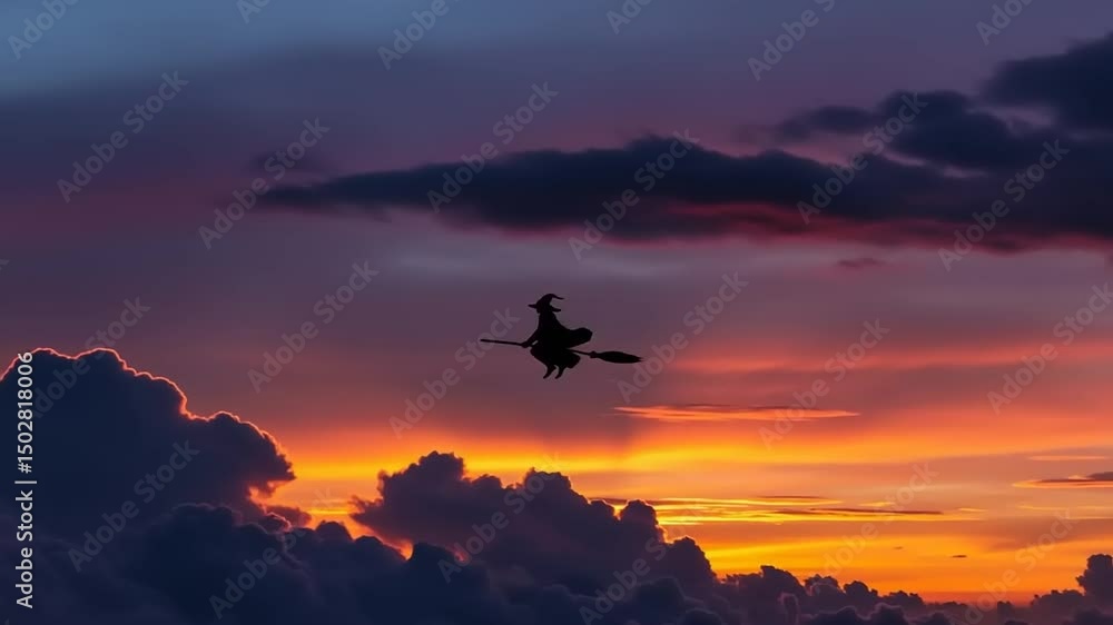 A silhouette of a witch flying on a broomstick against a vibrant sunset sky filled with clouds A silhouette of a witch flying on a broomstick against a vibrant sunset sky filled with clouds